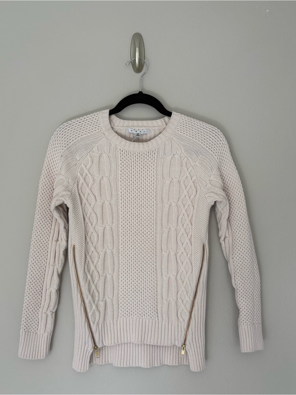 cAbi Cable Knit Sweater Cream Gold Side Zip Detail S